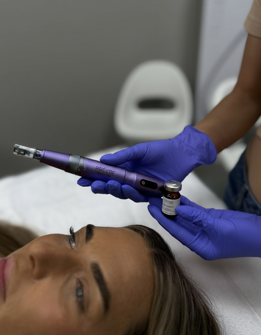 A practitioner applying Préime DermaCeuticals during treatment